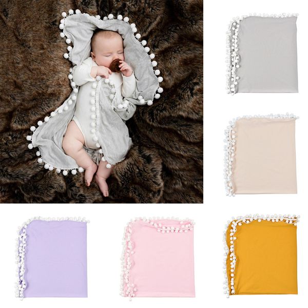 

newborn baby boys girls crib pom blanket sleeping swaddle minky wrap hair ball edge solid color cover blanket pgraphy props