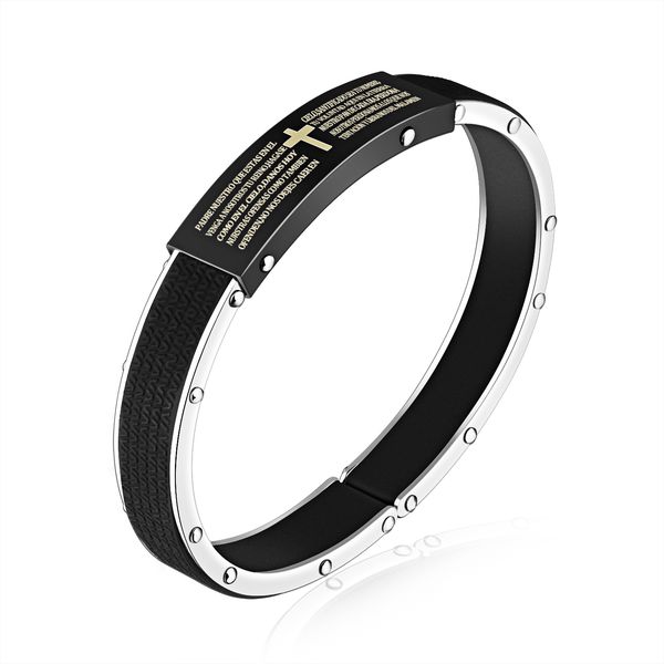 crucifix cross bible verse stainless steel black genuine leather cuff bangle bracelet chain mens religious jewelry for men, 7.08
crucifix cross bible verse stainless steel black genuine leather cuff bangle bracelet chain mens religious jewelry for men, 7.08