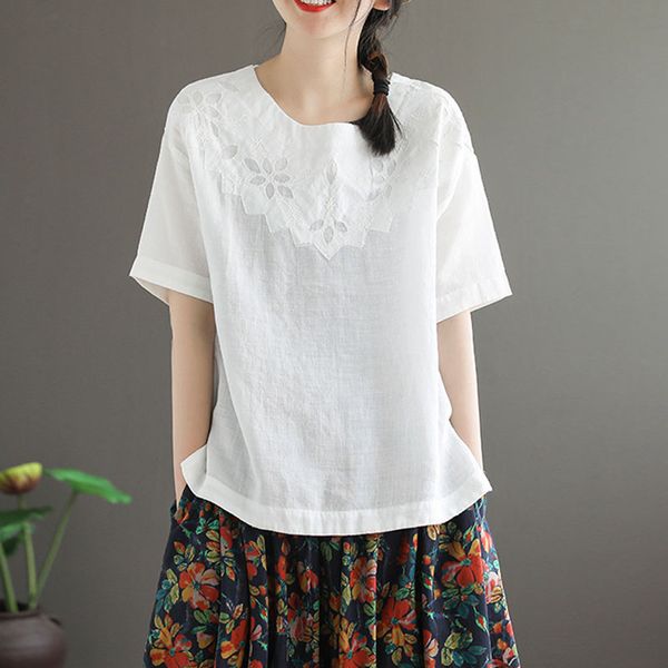 women's t-shirt johnature summer retro embroidery o-neck short sleeve cotton linen 2021 simple comfortable all-match women, White
women's t-shirt johnature summer retro embroidery o-neck short sleeve cotton linen 2021 simple comfortable all-match women, White
