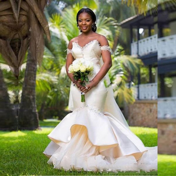 african plus size mermaid wedding dresses satin ruched off the shoulder bridal gowns lace appliques tulle plus size wedding dress vestidos, White
african plus size mermaid wedding dresses satin ruched off the shoulder bridal gowns lace appliques tulle plus size wedding dress vestidos, White