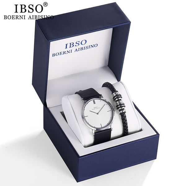 

ibso brand men's quartz bracelet watch set 7mm ultra-thin dial quartz wristwatch business genuine leather strap watch gift set, Slivery;brown
