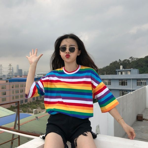 женщина shirt женщины топы новые тенниска женщины радуга полосатый harajuku tshirt 2019 лето с коротким рукавом korean punk t shirt camiseta, White
женщина shirt женщины топы новые тенниска женщины радуга полосатый harajuku tshirt 2019 лето с коротким рукавом korean punk t shirt camiseta, White