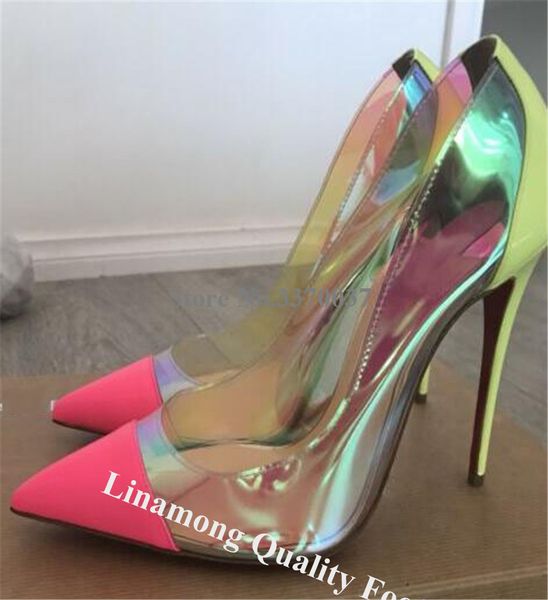 women pointed toe neon pink patchwork patent leather stiletto heel pumps reflective pvc clear high heels wedding dress shoes t200525, Black
women pointed toe neon pink patchwork patent leather stiletto heel pumps reflective pvc clear high heels wedding dress shoes t200525, Black