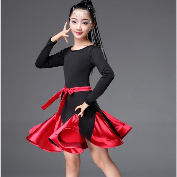 new style children's latin dance dress long sleeve children's competition performance dress girls summer dance performance, Black;red 
new style children's latin dance dress long sleeve children's competition performance dress girls summer dance performance, Black;red