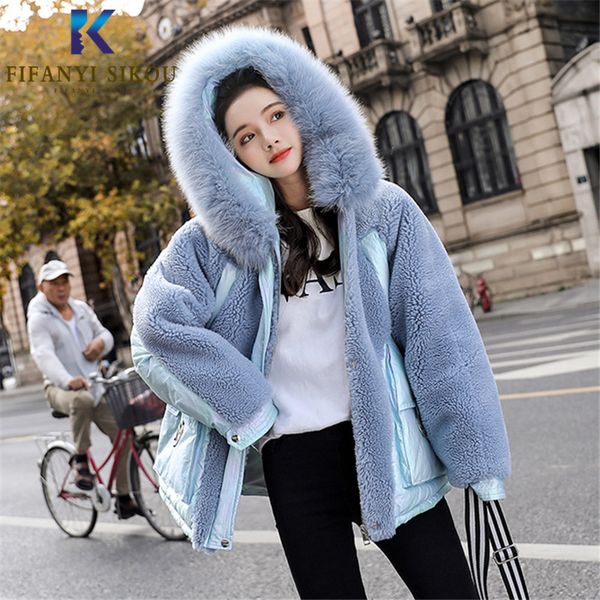 winter jacket women lambswool splices big fur collar hooded coat thick warm parka loose fashion cotton padded coat, Black
winter jacket women lambswool splices big fur collar hooded coat thick warm parka loose fashion cotton padded coat, Black
