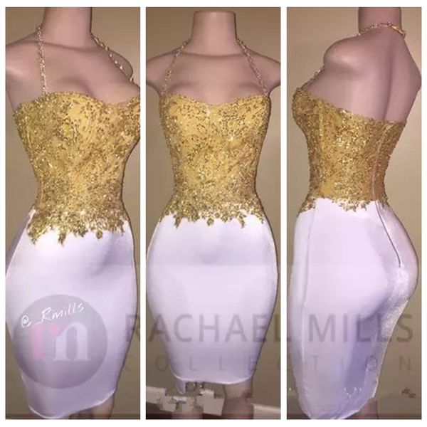 2019 halter sheath slim short cocktail dresses with gold lace appliques beading formal vestidos de soiree customized night club wear cheap, Black
2019 halter sheath slim short cocktail dresses with gold lace appliques beading formal vestidos de soiree customized night club wear cheap, Black