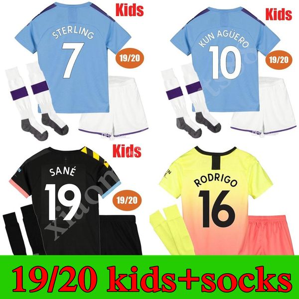 

2019 2020 city kun aguero manchester kids kit sterling mahrez soccer jersey jesus de bruyne sane 19 20 de bruyne youth football shirts, Black