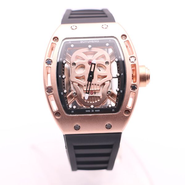 super stylish boyuheng baterry 43mm gold hollow skull skeleton dial mens watches transparent quartz movement tonneau hardlex wristwatches, Slivery;brown
super stylish boyuheng baterry 43mm gold hollow skull skeleton dial mens watches transparent quartz movement tonneau hardlex wristwatches, Slivery;brown
