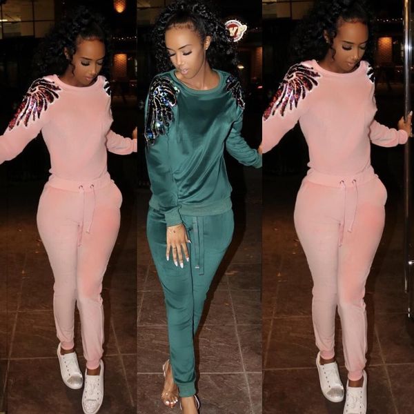 2019 new women velvet sequins shoulder splicing pullovers pencil long pants suits two piece set sporty tracksuit outfit, White
2019 new women velvet sequins shoulder splicing pullovers pencil long pants suits two piece set sporty tracksuit outfit, White