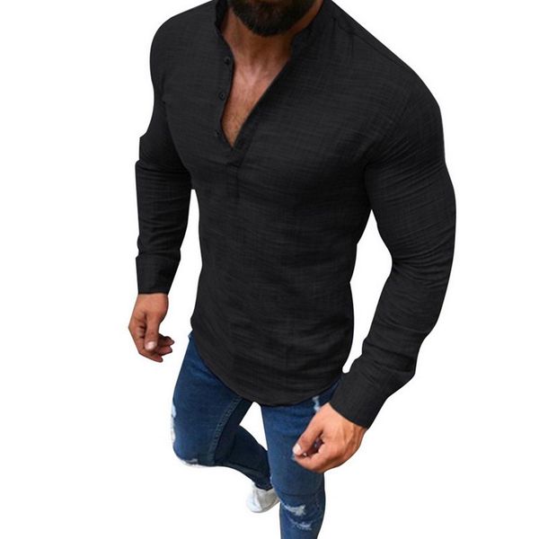 long sleeve tee shirt men 2019 spring summer new stand collar slim casual linen solid color half open shirts office, White;black
long sleeve tee shirt men 2019 spring summer new stand collar slim casual linen solid color half open shirts office, White;black
