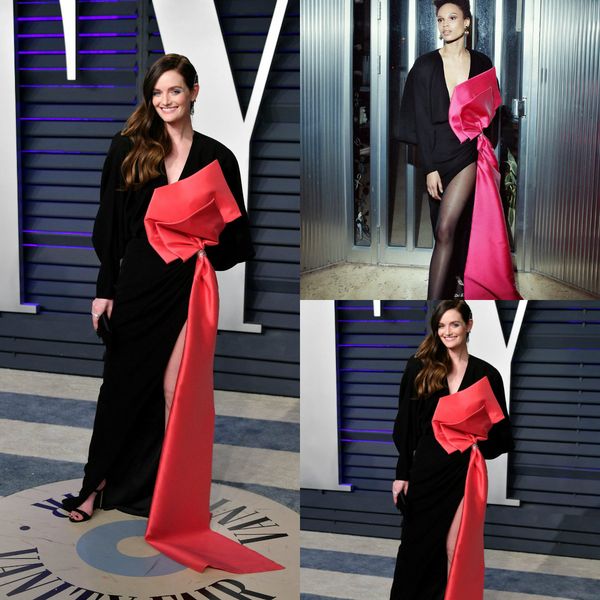 2020 red carpet dresses deep v neck satin high side split prom dress evening party wear custom made formal occasion gowns, Black;red
2020 red carpet dresses deep v neck satin high side split prom dress evening party wear custom made formal occasion gowns, Black;red