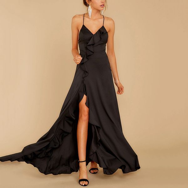 women black ruffle dresses fashion spaghetti strap sleeveless split maxi dresses summer women party dress, Black;gray
women black ruffle dresses fashion spaghetti strap sleeveless split maxi dresses summer women party dress, Black;gray