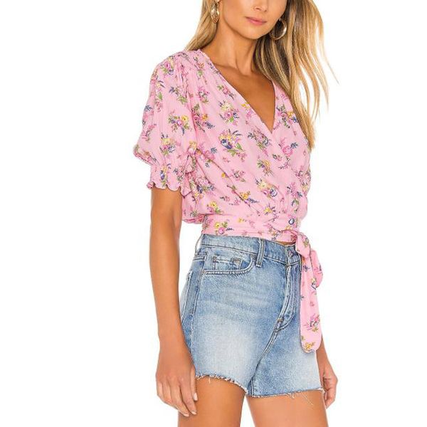 summer women's shirt casual flower print v-neck short sleeve bow decoration shirt, White
summer women's shirt casual flower print v-neck short sleeve bow decoration shirt, White
