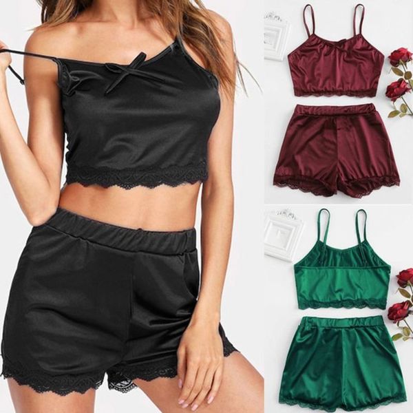 womens faux silk pajamas set low cut backless cami crop mid rise wide leg shorts scalloped lace trim solid color sleepwear, Black;red
womens faux silk pajamas set low cut backless cami crop mid rise wide leg shorts scalloped lace trim solid color sleepwear, Black;red