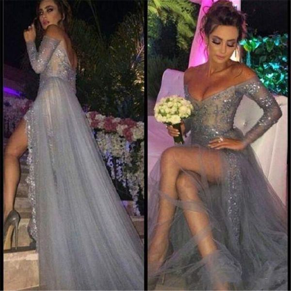 party evening dress a line off shoulder high slit grey lace tulle prom dresses 2019 new fashion long sleeves evening dress vestido de festa, Black;red
party evening dress a line off shoulder high slit grey lace tulle prom dresses 2019 new fashion long sleeves evening dress vestido de festa, Black;red