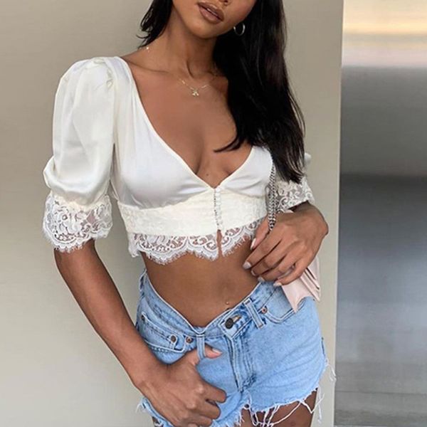 white satin lace blouse shirt women summer crop solid casual blouse female party and puff sleeve 2020 
white satin lace blouse shirt women summer crop solid casual blouse female party and puff sleeve 2020
