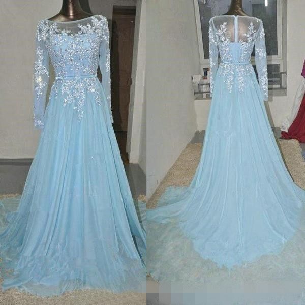 2020 sky blue prom dresses long sleeves illusion lace applique beaded crystal scoop neck sweep train ribbon formal evening gown custom made, Black
2020 sky blue prom dresses long sleeves illusion lace applique beaded crystal scoop neck sweep train ribbon formal evening gown custom made, Black