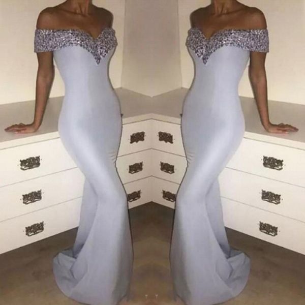modest sequins women mermaid prom dress simple floor length off the shoulder formal robes de soirée custom made, Black