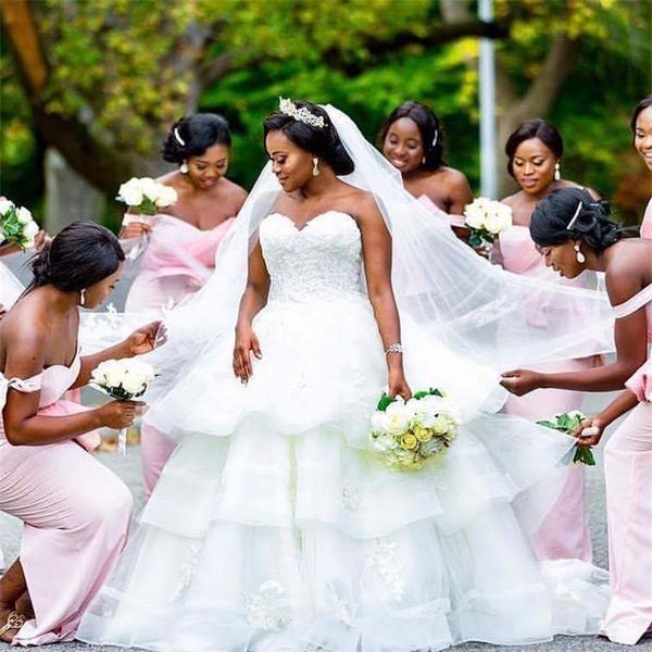 african plus size wedding dresses sweetheart lace appliqued tiered cascading ruffles design sweep train bridal gowns b3, White
african plus size wedding dresses sweetheart lace appliqued tiered cascading ruffles design sweep train bridal gowns b3, White
