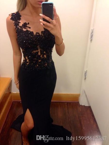 black applique lace mermaid prom dresses 2019 new sheer formal gowns evening dress side split long prom dress 051, Black;red
black applique lace mermaid prom dresses 2019 new sheer formal gowns evening dress side split long prom dress 051, Black;red
