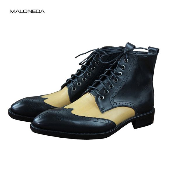 

maloneda bespoke big size fashion brogue boots goodyear men brand wedding ankle boots autumn walking party dress shoes, Black