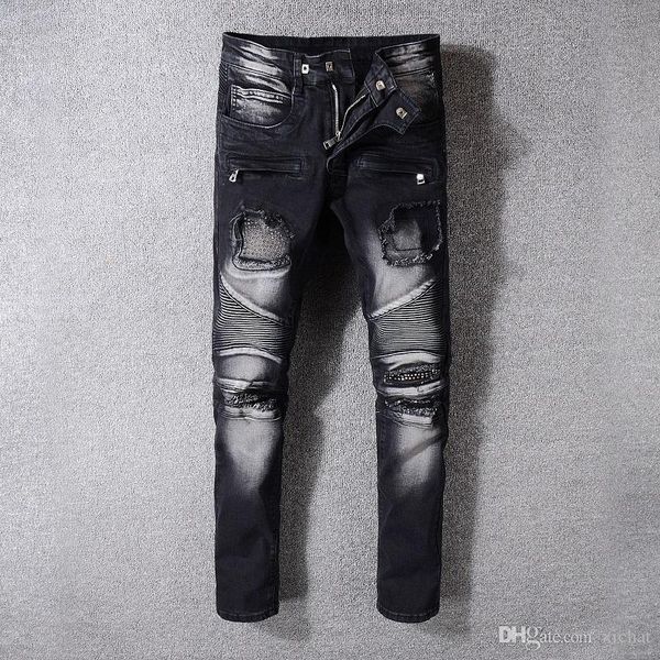 mens pleated skinny black jeans fashion designer patches ripped fold panelled zipper slim fit motorcycle biker hip hop denim pants 1053, Blue
mens pleated skinny black jeans fashion designer patches ripped fold panelled zipper slim fit motorcycle biker hip hop denim pants 1053, Blue