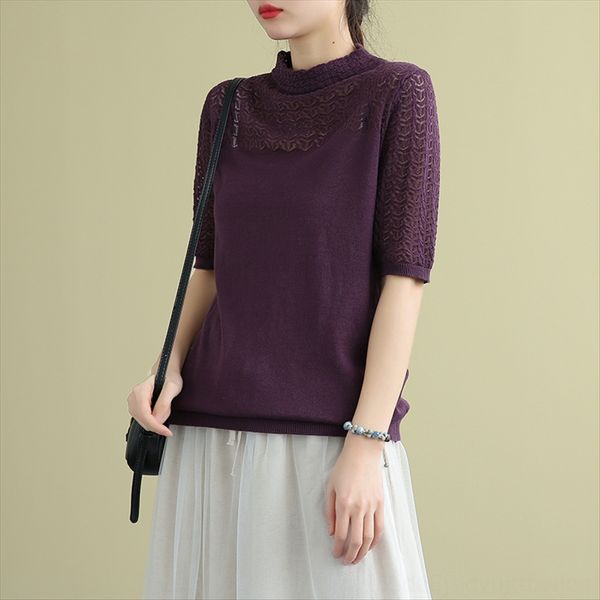 artistic hollow half t- shirt-high collar knitted t-shirt women's middle sleeve shirt 2020 loose half sleeve top, White 
artistic hollow half t- shirt-high collar knitted t-shirt women's middle sleeve shirt 2020 loose half sleeve top, White