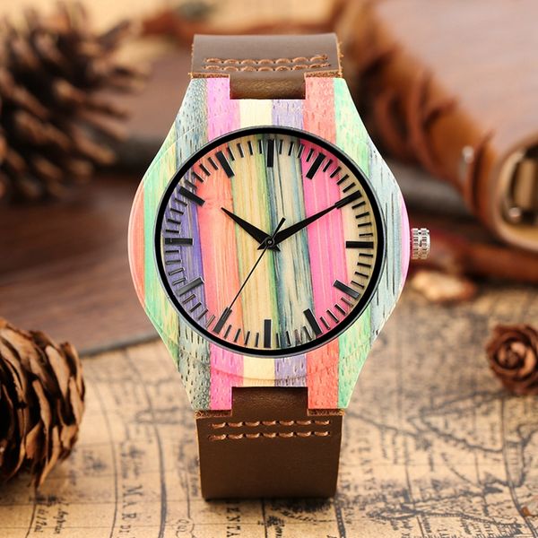 

unique colorful wood watch men's watches normal round dial hour clock male quartz leather bracelet wrist watch reloj para hombre, Slivery;brown