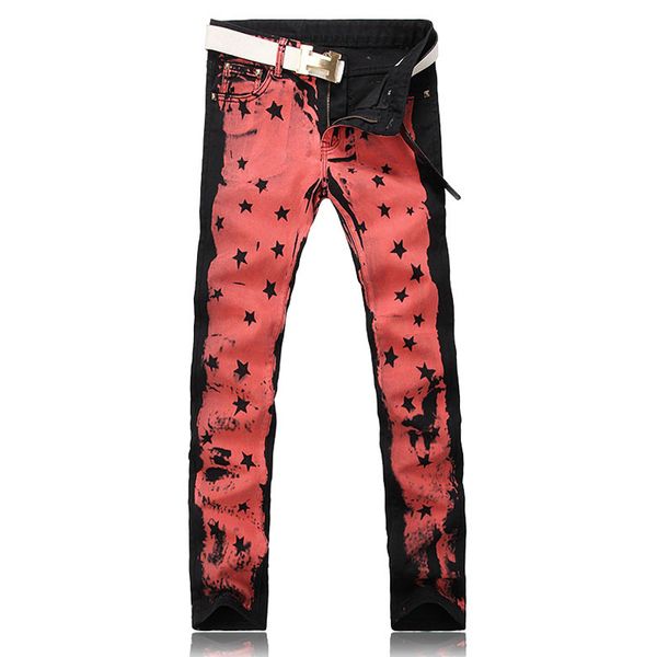 men's fashion red pink colored drawing print jeans male painted stars personality slim denim pants ing, Blue
men's fashion red pink colored drawing print jeans male painted stars personality slim denim pants ing, Blue