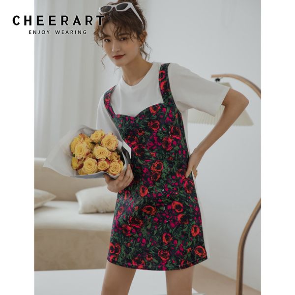 cheerart fake 2 piece floral mini t shirt dress women patchwork short sleeve casual dress contrast stitch summer designer, White;black
cheerart fake 2 piece floral mini t shirt dress women patchwork short sleeve casual dress contrast stitch summer designer, White;black