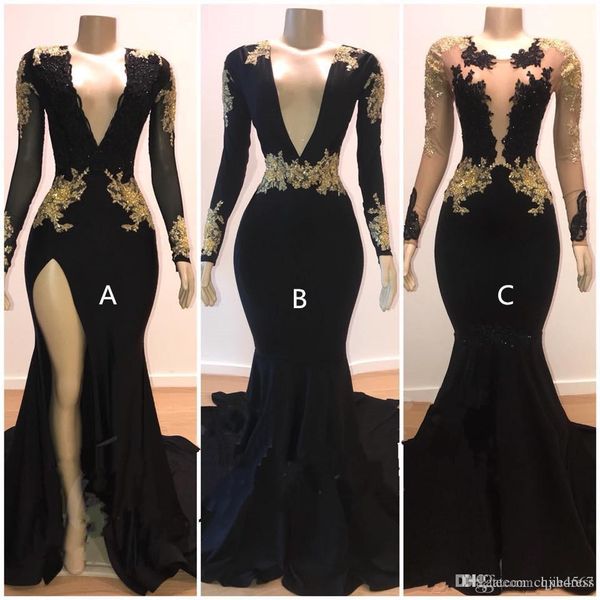 2019 new v neck long sleeves satin mermaid prom dresses gold lace applique backless floor length formal party evening dresses aw350, Black
2019 new v neck long sleeves satin mermaid prom dresses gold lace applique backless floor length formal party evening dresses aw350, Black