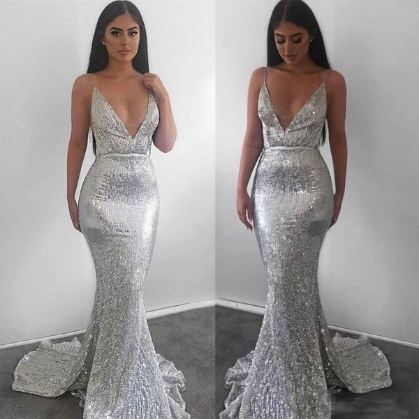 Shiny Silver Sequins Sexy Plunging V Neck Mermaid Prom Dresses 2019 Spaghetti Straps Long Evening Party Gowns Celebrity Pageant Wears
Shiny Silver Sequins Sexy Plunging V Neck Mermaid Prom Dresses 2019 Spaghetti Straps Long Evening Party Gowns Celebrity Pageant Wears