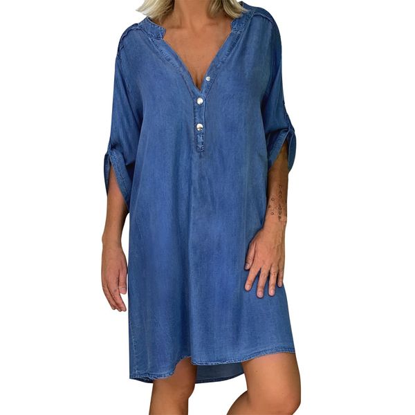 women's clothing dress v-neck buttons fashion denim dresses, Black;gray 
women's clothing dress v-neck buttons fashion denim dresses, Black;gray