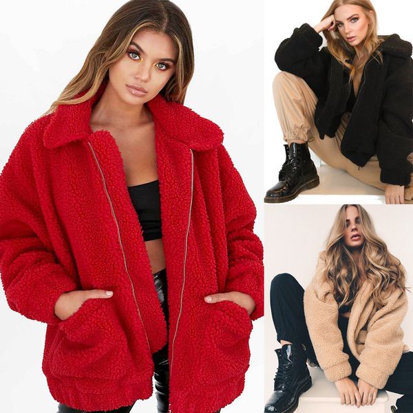 women coat faux fur lady jacket soft fluffy outwear warm shaggy winter fall, Black