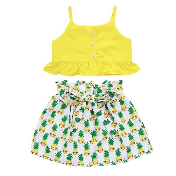 2pcs children girl summer clothes set european and american style of polyester strap pineapple print buttons skirt, White
2pcs children girl summer clothes set european and american style of polyester strap pineapple print buttons skirt, White