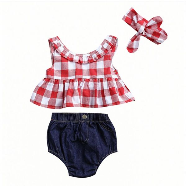 3pcs cute kids baby girls clothes plaid vest sleeveless t-shirts +denim briefs+headwear fashion summer outfits, White
3pcs cute kids baby girls clothes plaid vest sleeveless t-shirts +denim briefs+headwear fashion summer outfits, White
