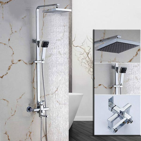 

Chrome Bath Shower Mixer Faucet Rotate Tub Spout Wall Mount 8" Rainfall Shower Head + Handshower