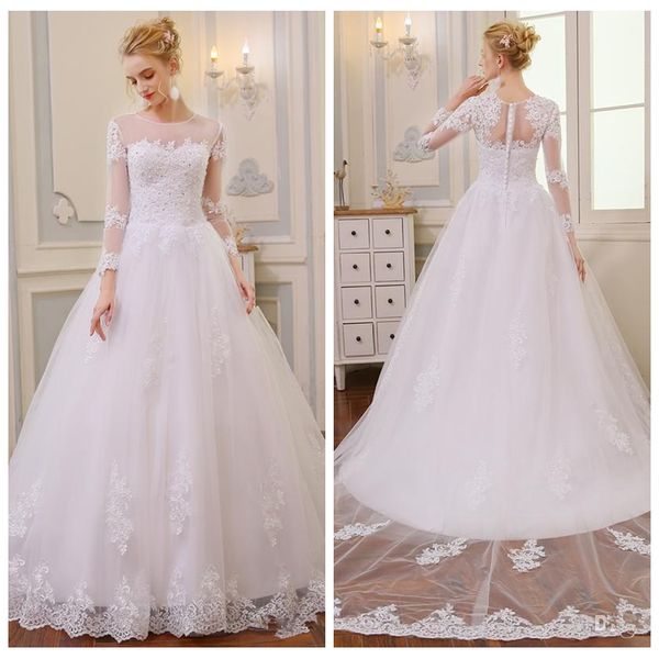 sheer a-line lace appliques a-line wedding dresses 2021 beading bridal gowns modest custom long vestidos de marriage cheap, White
sheer a-line lace appliques a-line wedding dresses 2021 beading bridal gowns modest custom long vestidos de marriage cheap, White