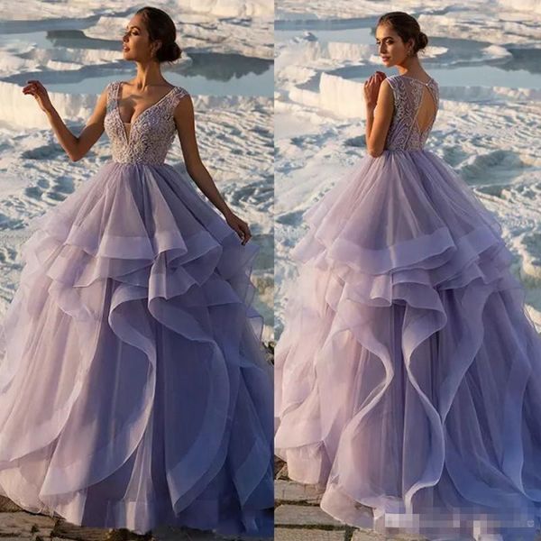 2019 tiered skirts prom dresses luxury beading lace applique deep v neck sweep train ball gown formal evening wear, Black
2019 tiered skirts prom dresses luxury beading lace applique deep v neck sweep train ball gown formal evening wear, Black