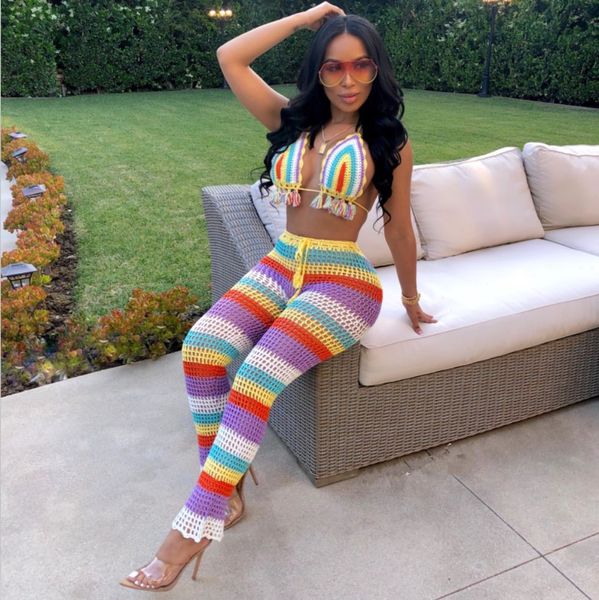 women summer knitted two piece sets beach bohemian halter v-neck crop stripes pants suit outfits party clubwear, White 
women summer knitted two piece sets beach bohemian halter v-neck crop stripes pants suit outfits party clubwear, White