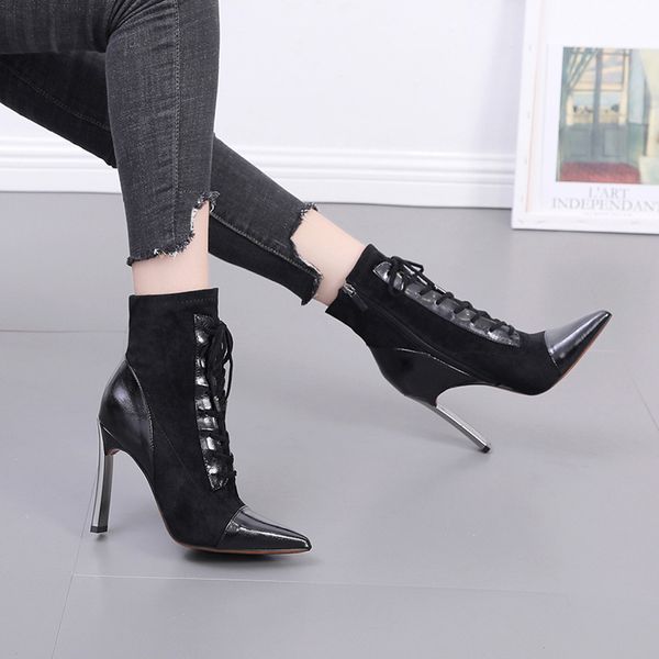 women's pointed toe ankle boots for women patchwork ladies high heels elegant stiletto heel zipper cross lace-up short boot, Black
women's pointed toe ankle boots for women patchwork ladies high heels elegant stiletto heel zipper cross lace-up short boot, Black