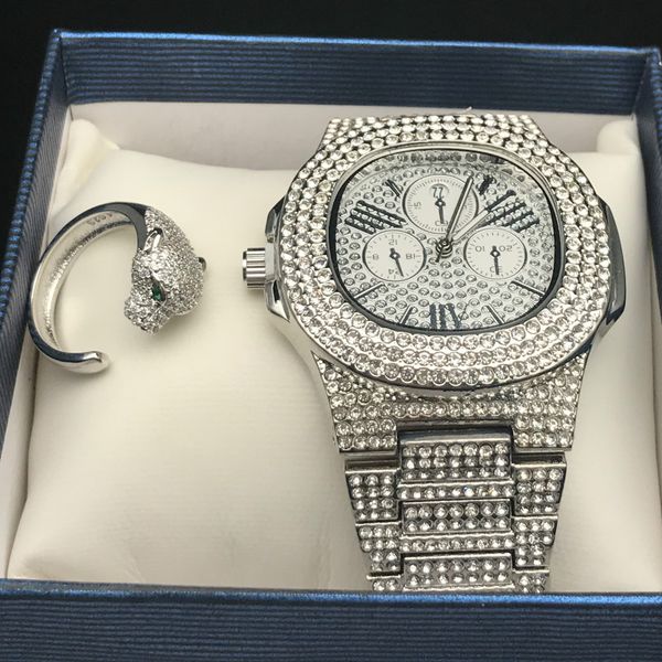 men luxury hip hop iced out diamond watch & ring combo set diamond leopard head ring rock rapper men jewelry fashion gift, Slivery;brown
men luxury hip hop iced out diamond watch & ring combo set diamond leopard head ring rock rapper men jewelry fashion gift, Slivery;brown