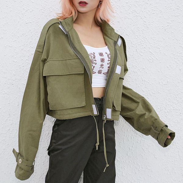 fashion street stand collar women's long sleeve army green jacket slim handsome pocket zipper jackets, Black;brown
fashion street stand collar women's long sleeve army green jacket slim handsome pocket zipper jackets, Black;brown