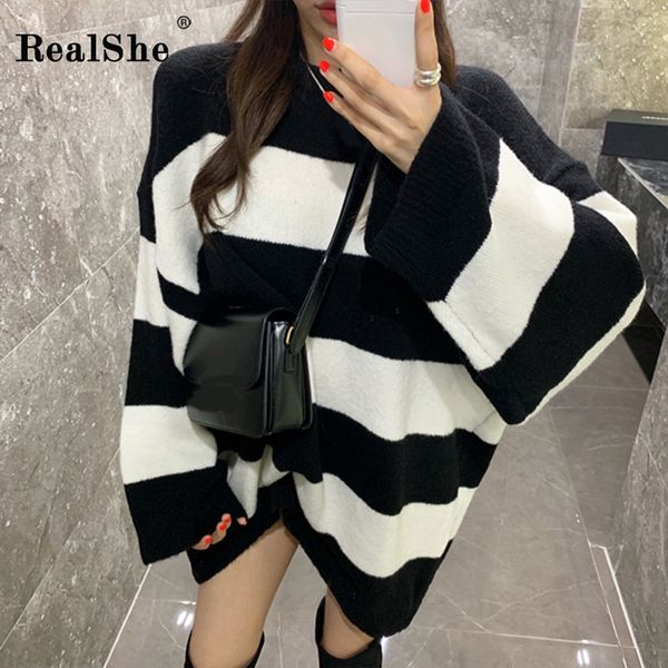 women's sweaters realshe long sweater women 2021 o-neck sleeve striped ladies spring casual elegant loose woman pullover, White;black
women's sweaters realshe long sweater women 2021 o-neck sleeve striped ladies spring casual elegant loose woman pullover, White;black