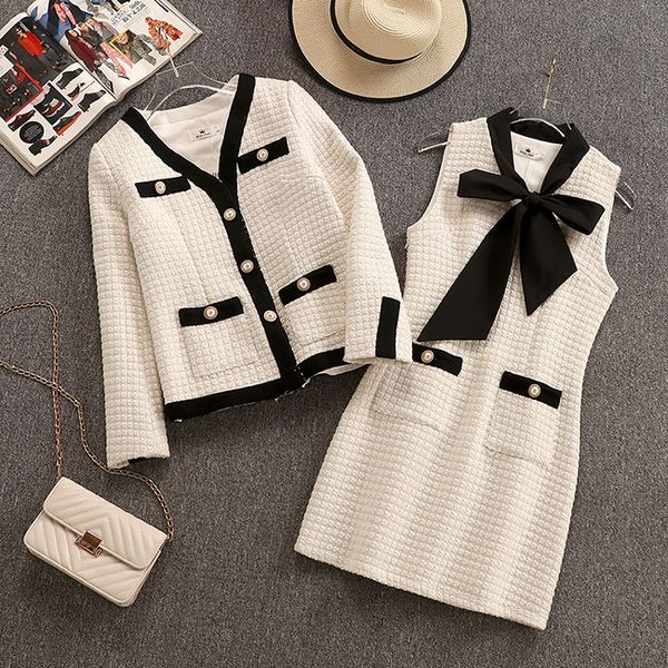 dress suit 2019 new retro temperament tweed dress + bow tie coat two-piece suit, White
dress suit 2019 new retro temperament tweed dress + bow tie coat two-piece suit, White
