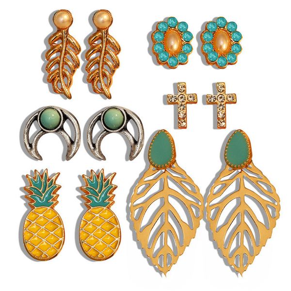 6 pair stud earrings set mixed for women bohemian gold color hollow leaf flower stone pineapple brincos ear jewelry friend gifts, Golden;silver
6 pair stud earrings set mixed for women bohemian gold color hollow leaf flower stone pineapple brincos ear jewelry friend gifts, Golden;silver
