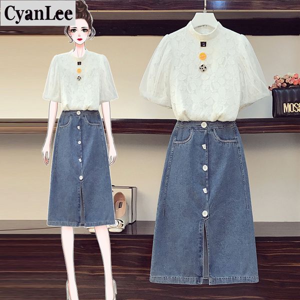 plus size summer two piece set women stand collar button puff sleeve lace shirt and single-breasted slit denim skirt sets s-5xl, White
plus size summer two piece set women stand collar button puff sleeve lace shirt and single-breasted slit denim skirt sets s-5xl, White