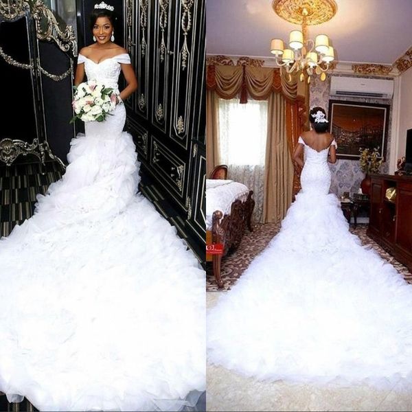 custom new gorgeous off-the-shoulder lace wedding dress 2020 mermaid ruffles corset sweep train african bridal gowns, White
custom new gorgeous off-the-shoulder lace wedding dress 2020 mermaid ruffles corset sweep train african bridal gowns, White