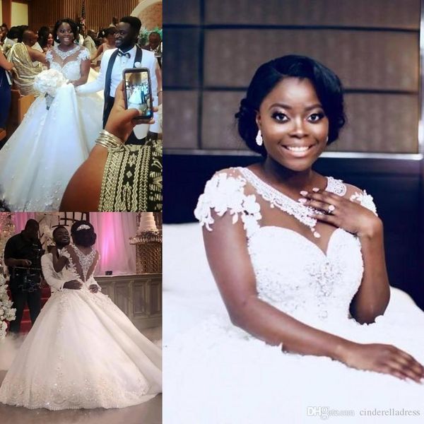 sparkly sequins african ball gown wedding dresses plus size sheer neck cap sleeve floor length applique lace wedding dress bridal gowns, White
sparkly sequins african ball gown wedding dresses plus size sheer neck cap sleeve floor length applique lace wedding dress bridal gowns, White