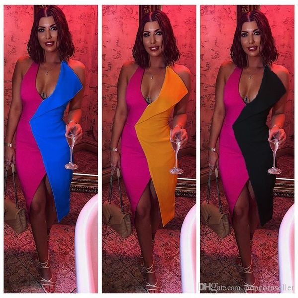 women bodycon dress deep v-neck halter colors patchwork contrast casual tank dresses, Black;gray
women bodycon dress deep v-neck halter colors patchwork contrast casual tank dresses, Black;gray